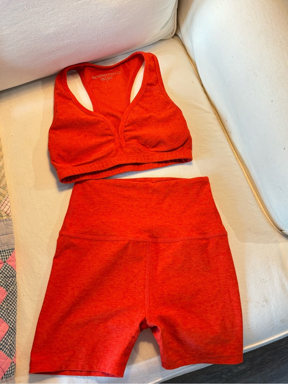 Beyond Yoga Bright Red Racerback Sports Bra & High-Waist Bike Shorts Set